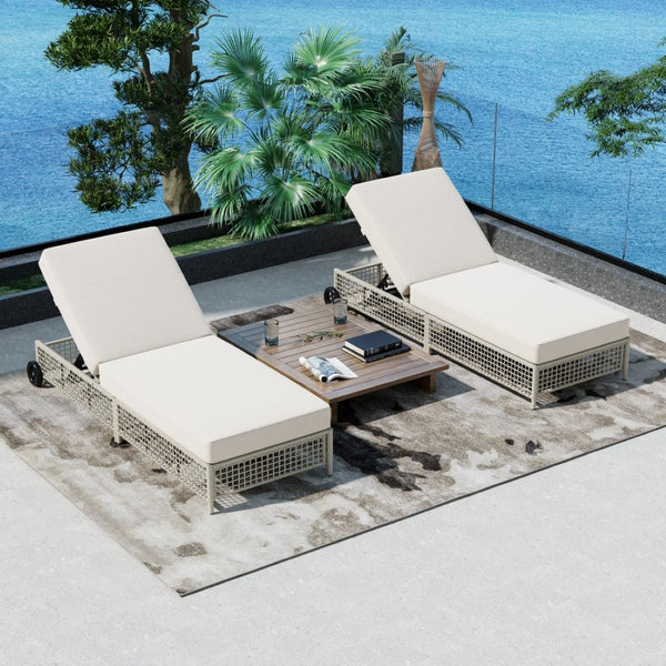 English Elm Trexm Outdoor Pe Rattan Chaise Lounge Iron Frame Poolside Chair with Adjustable Backrest Beige,Creamy White TM000016AAK
