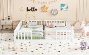 English Elm Double Twin Floor Bed With Safety Guardrails, Space-Saving Design In White For Cozy Shared Sleep W504P143286