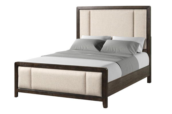 English Elm King Upholstered Bed Set - Traditional Antique Brown Wood Finish With Elegant Beige Design & Comfort B2699S00004