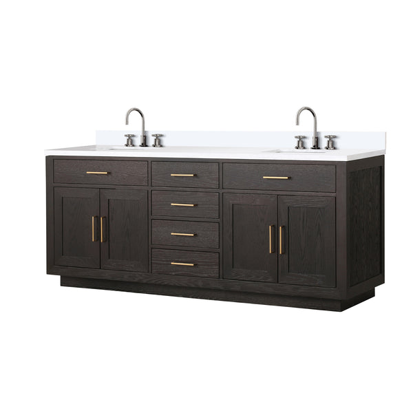 English Elm Brown Oak Double Bath Vanity 80" W x 22" D with White Quartz Top, Soft-Close Drawers & Chrome Faucets B2731P257818