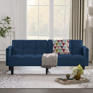 English Elm Velvet Convertible Futon Sofa Bed with Adjustable Back, Plush 9" Cushion, Eucalyptus Frame for Apartments Navy Blue W1413P332829