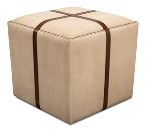 Sarreid Strap Canvas & Leather Stool - Stylish Natural Variance, Durable Materials & Elegant Brass Accents Beige  29371