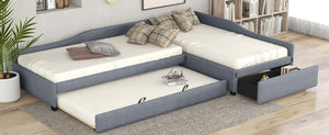 English Elm Upholstered Twin Daybed with Pull Out Trundle Linen Blend Sofa Style Studio Bed Gray GX001316AAE