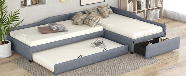 English Elm Upholstered Twin Daybed with Pull Out Trundle Linen Blend Sofa Style Studio Bed Gray GX001316AAE