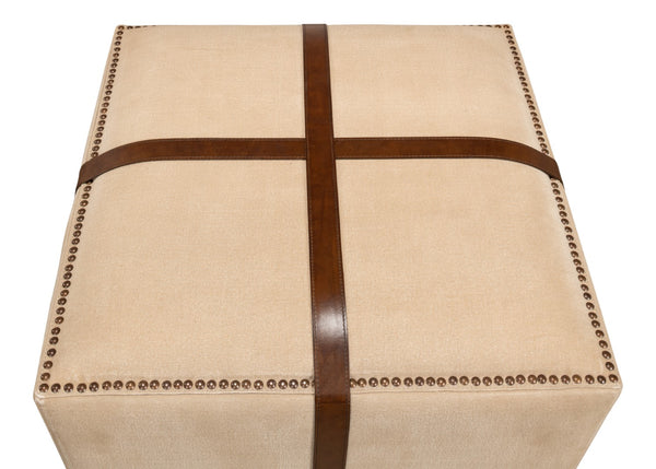 Sarreid Strap Canvas & Leather Stool - Stylish Natural Variance, Durable Materials & Elegant Brass Accents Beige  29371