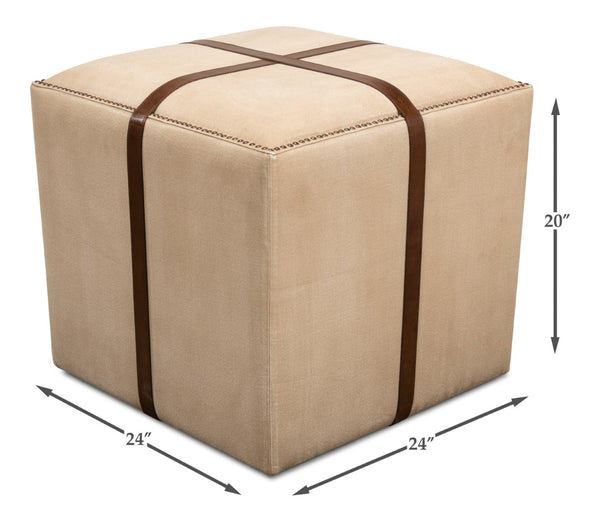Sarreid Strap Canvas & Leather Stool - Stylish Natural Variance, Durable Materials & Elegant Brass Accents Beige  29371