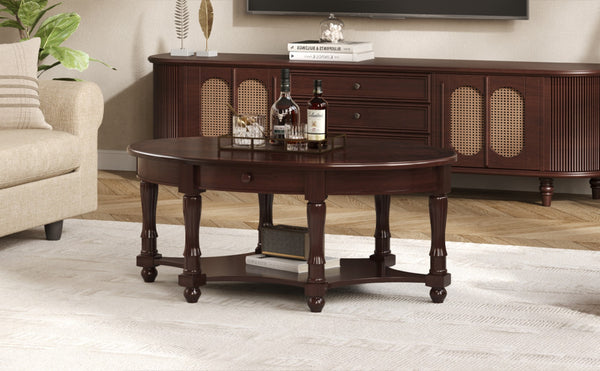 English Elm Vintage Oval Coffee Table With Drawer And Open Shelves, French Country Style Accent Table In Walnut N735P277388D-GIGA