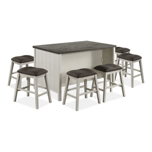 English Elm Transitional Counter Height Dining Set with Storage Base and Six Upholstered Stools B2741S00806