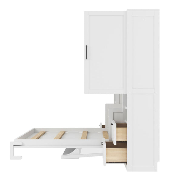 English Elm Full Size Murphy Wall Bed with Wardrobe Drawers and Shelves for Studio Spaces LP000908AAK-1