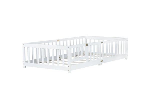 English Elm Twin Low Profile Rubberwood Floor Bed with Full Safety Fence for Toddler Rooms White W504P429270