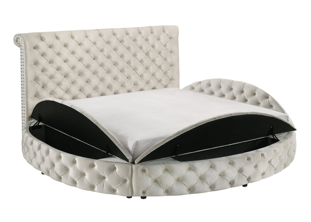 English Elm 1pc Round Plush Velvet Button-Tufted Queen Bed with Studded Headboard and Hidden Storage Luxury Ivory 54.75 L x 79.5 W x 8.25 H B2741S00039