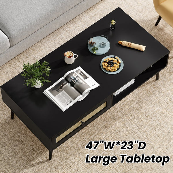 English Elm Mid-Century 47" Rectangle Console Coffee Table with Rattan Drawer & Open Shelf, Metal Legs, Black - Stylish Storage and Durable Design T3623P379996
