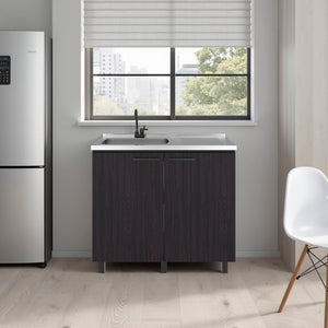 English Elm Wenge Finish Utility Sink Cabinet with Dual Doors Open Shelving for Laundry Rooms B062S01854