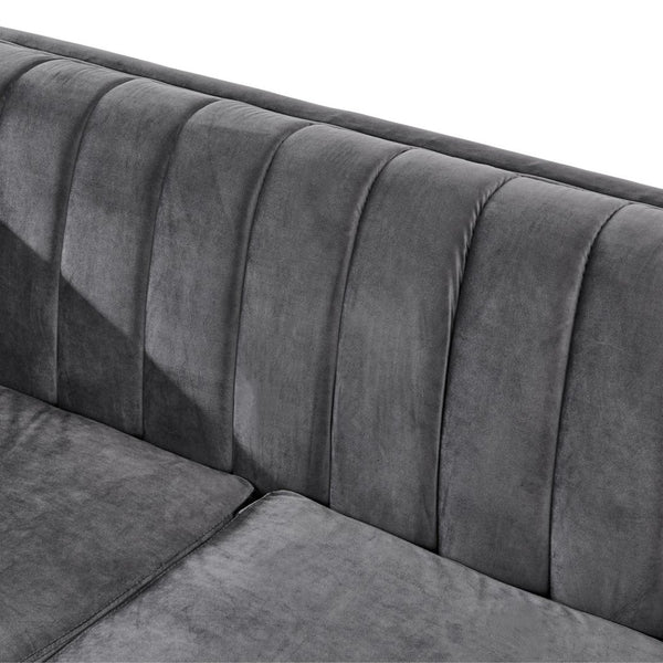 English Elm 89 Inch Gray Velvet Tufted Sofa Gold Steel Trim Victorian Mid-century Living Room W1191S00103