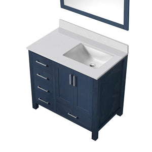 English Elm Navy Blue Bath Vanity 36" W X 22" D With Right Offset White Quartz Top & Elegant 34" Mirror Set B2731S00694