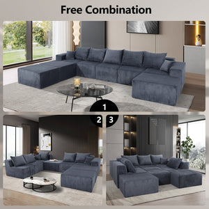 English Elm 8-Piece Modular U-Shaped Sectional Sofa with Oversized Chaise and Bed, Corduroy Luxury, No Assembly Needed Grey W3163S00041