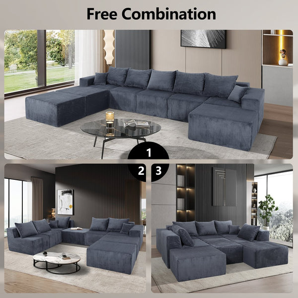 English Elm 8-Piece Modular U-Shaped Sectional Sofa with Oversized Chaise and Bed, Corduroy Luxury, No Assembly Needed Grey W3163S00041