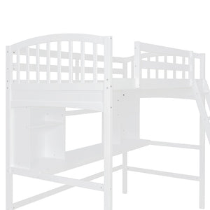 English Elm Twin Loft Bed with Built-in Desk Corner Shelves and Ladder Solid Pine White Frame LT100140KAA