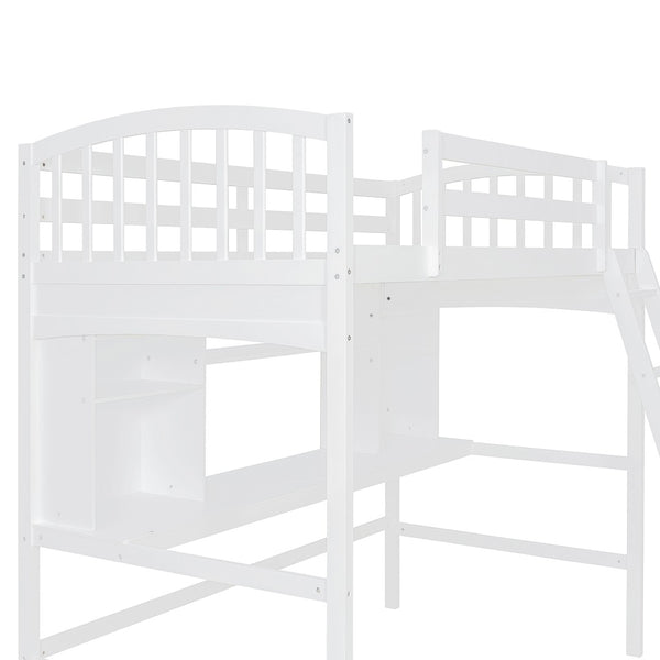 English Elm Twin Loft Bed with Built-in Desk Corner Shelves and Ladder Solid Pine White Frame LT100140KAA