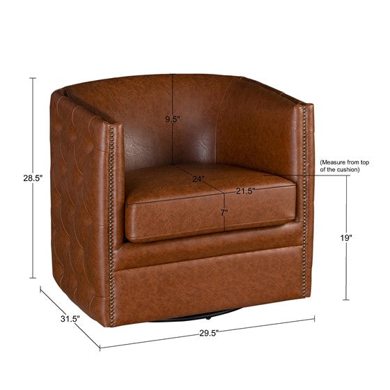 English Elm Capstone Tufted Barrel Swivel Chair with Brown Faux Leather, Bronze Nailhead Accents & Foam Comfort B035118605