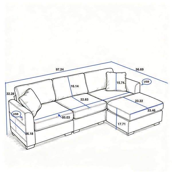 English Elm Modern Chenille L-shaped Sectional with Usb Charging Ottoman Storage Living Room Couch Green W2120S00017