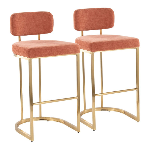 English Elm Fixed-height Barstools Powder Coated Steel Frame Brown Upholstered Seat Set of Two Gold,Salmon B202P471219
