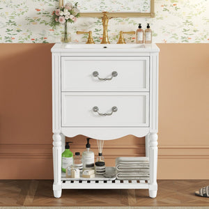 English Elm 24'' Vintage Bathroom Vanity with Ceramic Sink Soft Close Drawers Open Shelf White N710P411237K