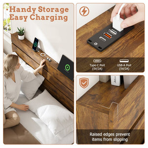 English Elm King Platform Bed with Led Headboard Charging Station and Under Storage Rustic Brown W1550P366934