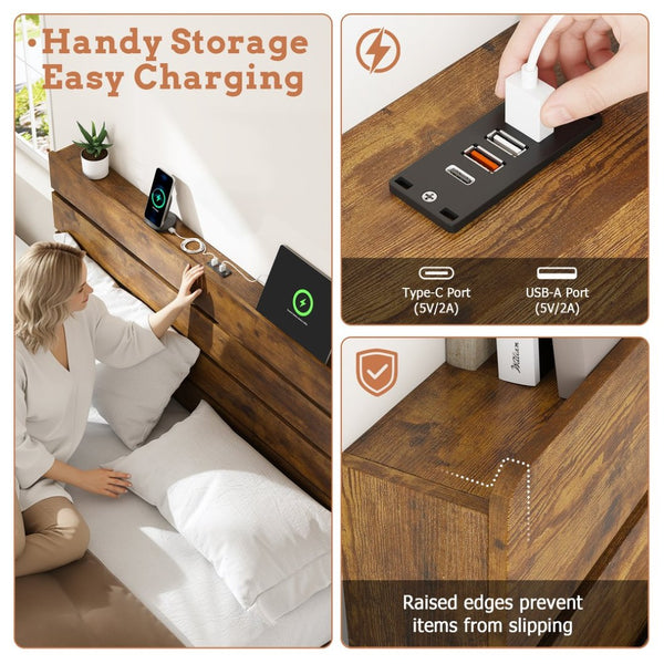 English Elm King Platform Bed with Led Headboard Charging Station and Under Storage Rustic Brown W1550P366934
