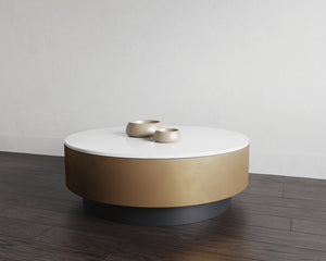 Sunpan Zelda Coffee Table - Exquisite White Marble Top with Antique Brass & Black Steel Base, Handcrafted Elegance