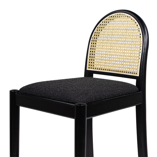English Elm Jennifer Taylor Home - Panama 30.5" Curved Back Cane Rattan Bar Stool with Oak Frame, Boucle Upholstery & Brass Footrest Black B2719P238386
