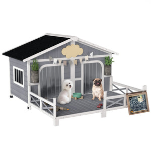 English Elm Dog House Outdoor Solid Fir Wood Kennel with Covered Porch and Two Room Layout T3971S00021