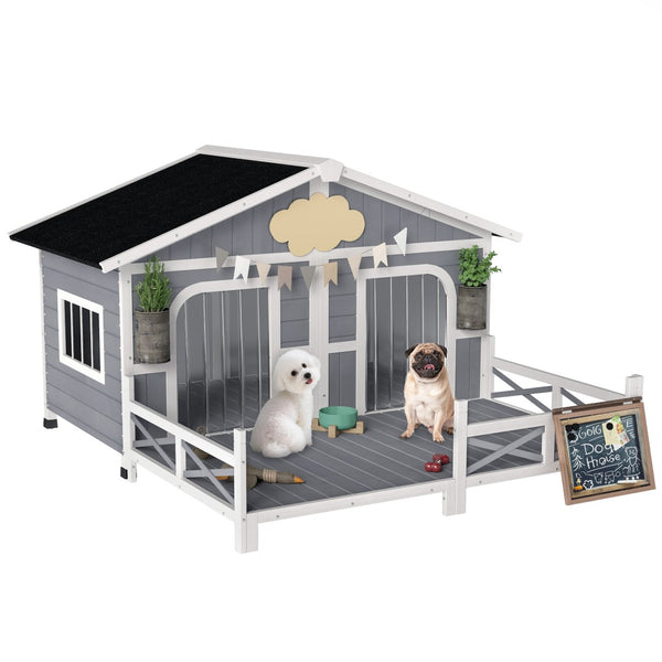 English Elm Dog House Outdoor Solid Fir Wood Kennel with Covered Porch and Two Room Layout T3971S00021
