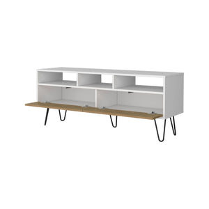 English Elm White TV Stand with Natural Oak Accents — 5 Open Shelves for Media Storage, Modern Rustic Design B062P290286