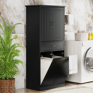 English Elm Christopher Knight Home® - Bathroom Storage Cabinet with Doors Drawer & Dual Laundry Baskets, MDF Build, Adjustable Shelf, Anti-Tip Device Black N759P243350B