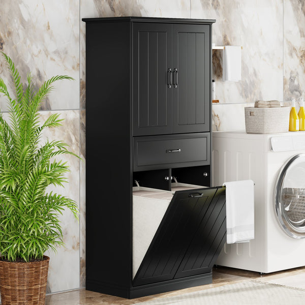 English Elm Christopher Knight Home® - Bathroom Storage Cabinet with Doors Drawer & Dual Laundry Baskets, MDF Build, Adjustable Shelf, Anti-Tip Device Black N759P243350B