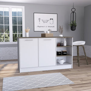English Elm Ginger Kitchen Island with Three Open Shelves, Two Cabinets, 26" x 59" Prep Top, 33" Clearance B200S00123