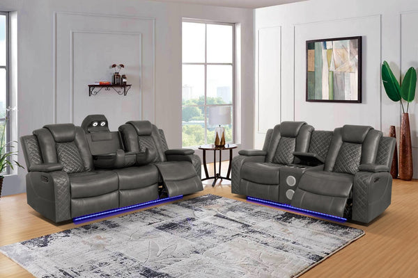 English Elm Violetglow Reclining Sofa with Led Lighting Wireless Charging and Bluetooth Speakers Grey B2730S00035