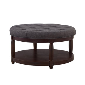 English Elm Large Round Tufted Ottoman Coffee Table with Wood Shelf for Living Room Lounge Dark Gray W2186P212196