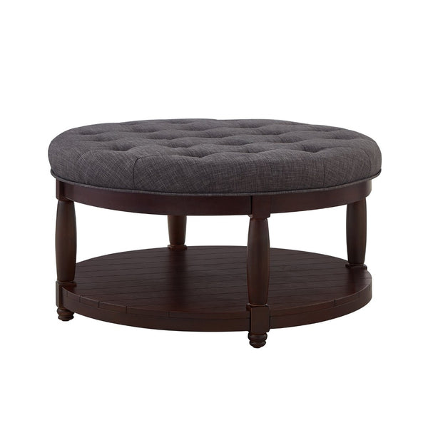 English Elm Large Round Tufted Ottoman Coffee Table with Wood Shelf for Living Room Lounge Dark Gray W2186P212196