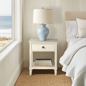 JLA Home Madison Park Signature - one-drawer Victoria nightstand with tapered legs, smooth-glide drawer and open shelf—timeless wood appeal Antique Cream MPS136-0311