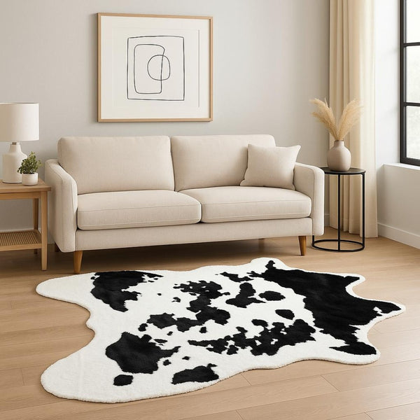 HomeRoots 4' X 5' Faux Fur Animal Print Washable Area Rug - Luxurious, Soft, and Stylish for Any Room Decor Sugarland Black/White 294242