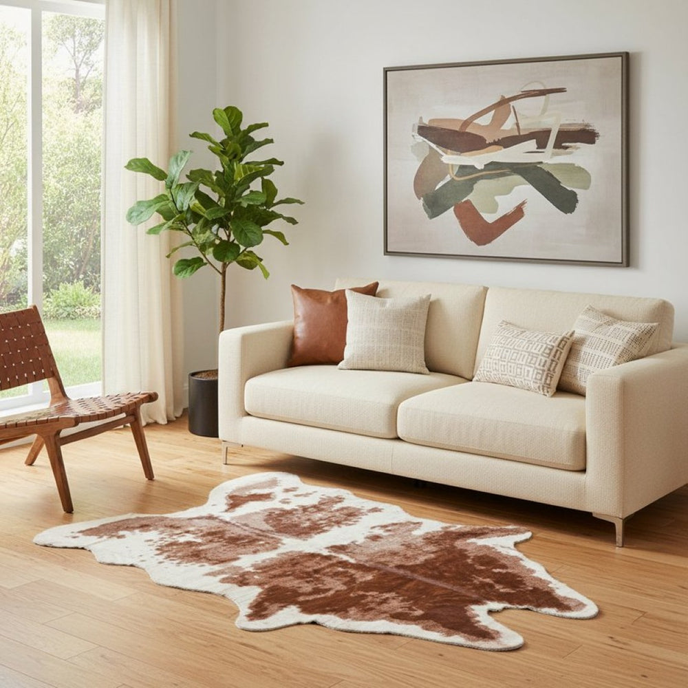 HomeRoots 4' X 5' Brown And Ivory Faux Cowhide Rug - Plush Animal Print Area Rug for Living Room & Office Decor 294243