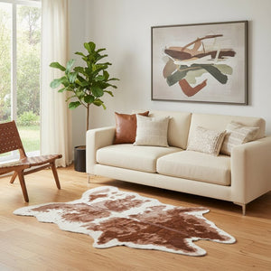 HomeRoots 4' X 5' Brown And Ivory Faux Cowhide Rug - Plush Animal Print Area Rug for Living Room & Office Decor 294243