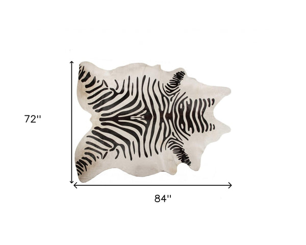 HomeRoots 6' X 7' Black Cowhide Area Rug – Premium Authentic Hide for Modern Spaces, Adds Warmth and Style Zebra Black On Off-White 294258