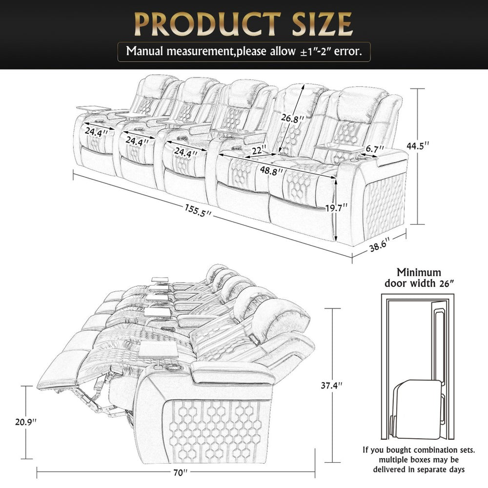 English Elm 155.5"power Five Seat Home Theater Sectional Nappa Leather Rgb Led Smart Recliner W3819S00107