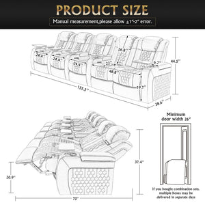 English Elm 155.5"power Five Seat Home Theater Sectional Nappa Leather Rgb Led Smart Recliner W3819S00107