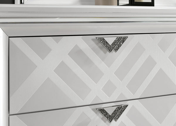 English Elm White White Finish Contemporary 1pc Chest with Art Deco Embossed Pattern, Acrylic Legs, Jewel Pulls B2741P368950