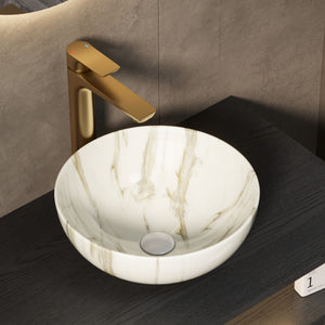 English Elm 14'' Round Ceramic Vessel Sink Matte White Stone Veined Vitreous Bowl Vanity Top W2615P375261