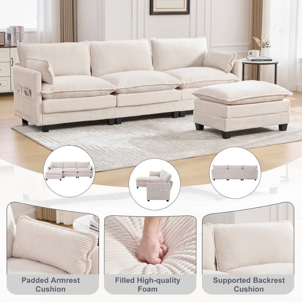 English Elm United We Win Modular Corduroy Sectional with Ottoman Low Profile Living Room Couch Beige W1568S00259